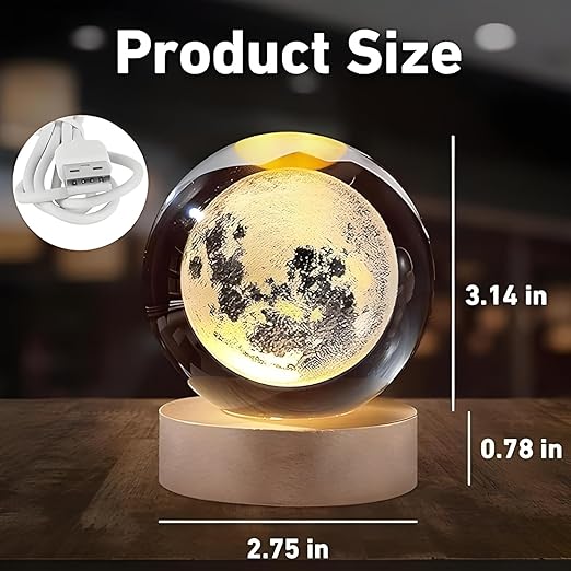 One94Store 3D Crystal Moon Lamp, Creative Engraved Crystal Ball Night Light, USB LED Wooden Crystal Lamp for Home Office Decoration Birthday Gift Adults (Warm White)