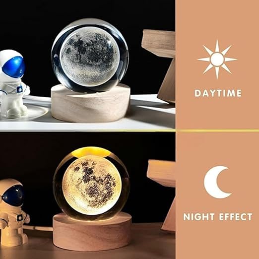One94Store 3D Crystal Moon Lamp, Creative Engraved Crystal Ball Night Light, USB LED Wooden Crystal Lamp for Home Office Decoration Birthday Gift Adults (Warm White)